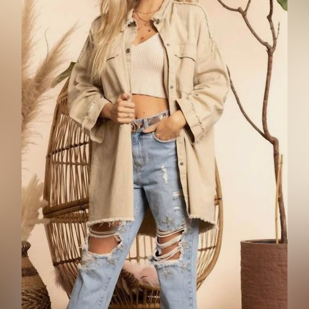 Blue Buttercup Rock & Roll Denim Jacket Mocha w/ White Sherpa Lettering Medium - Picture 2 of 4